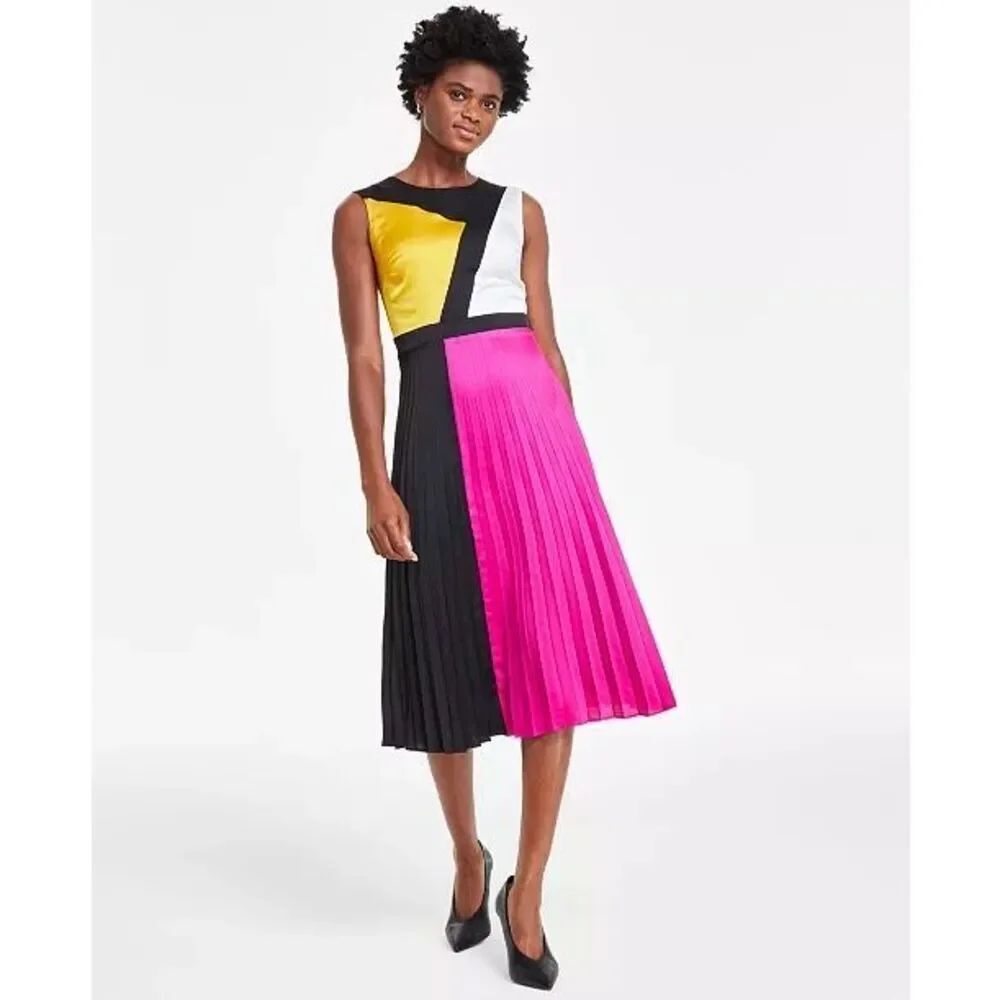 Karl Lagerfeld Paris Satin Colorblocked Midi Dress Black French Fuchsia 4